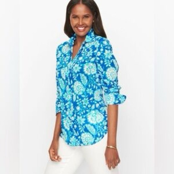 Talbots Tops - Talbots Plus Blue & White Casual Button Down Floral Beach Cotton Shirt Sz 1X